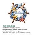 Coastal ship wheel metal sign featuring rope, shells, starfish, and a cut-metal sign construction guide