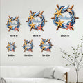 Nautical ship wheel metal sign shown in multiple size options above a coastal living room