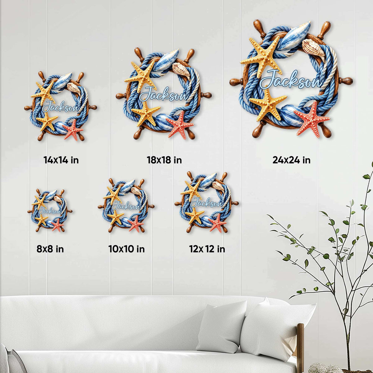 Nautical ship wheel metal sign shown in multiple size options above a coastal living room