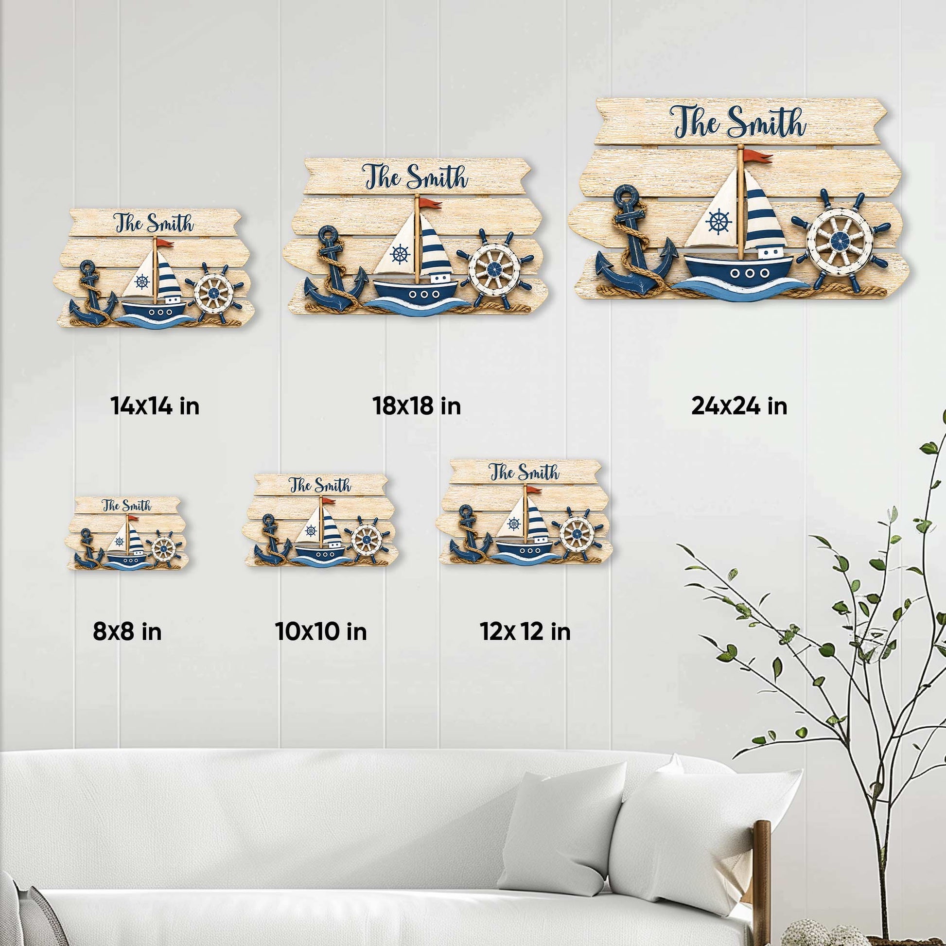 Nautical metal sign size guide showing available square sizes from 8x8 inches to 24x24 inches