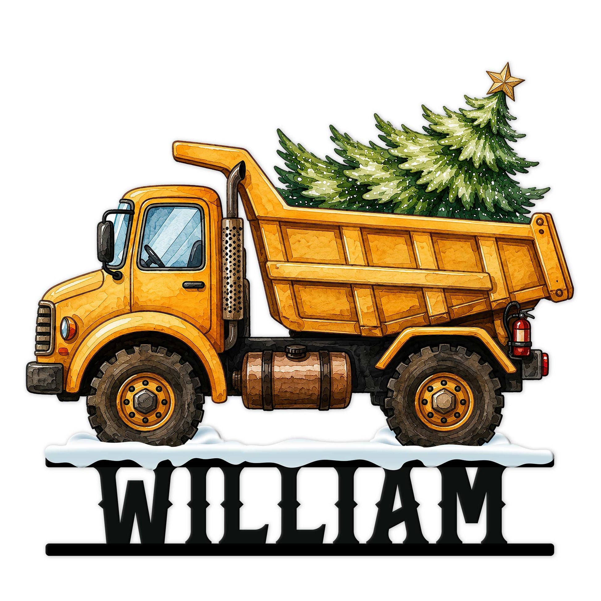 Custom construction metal sign featuring a yellow dump truck carrying a decorated Christmas tree