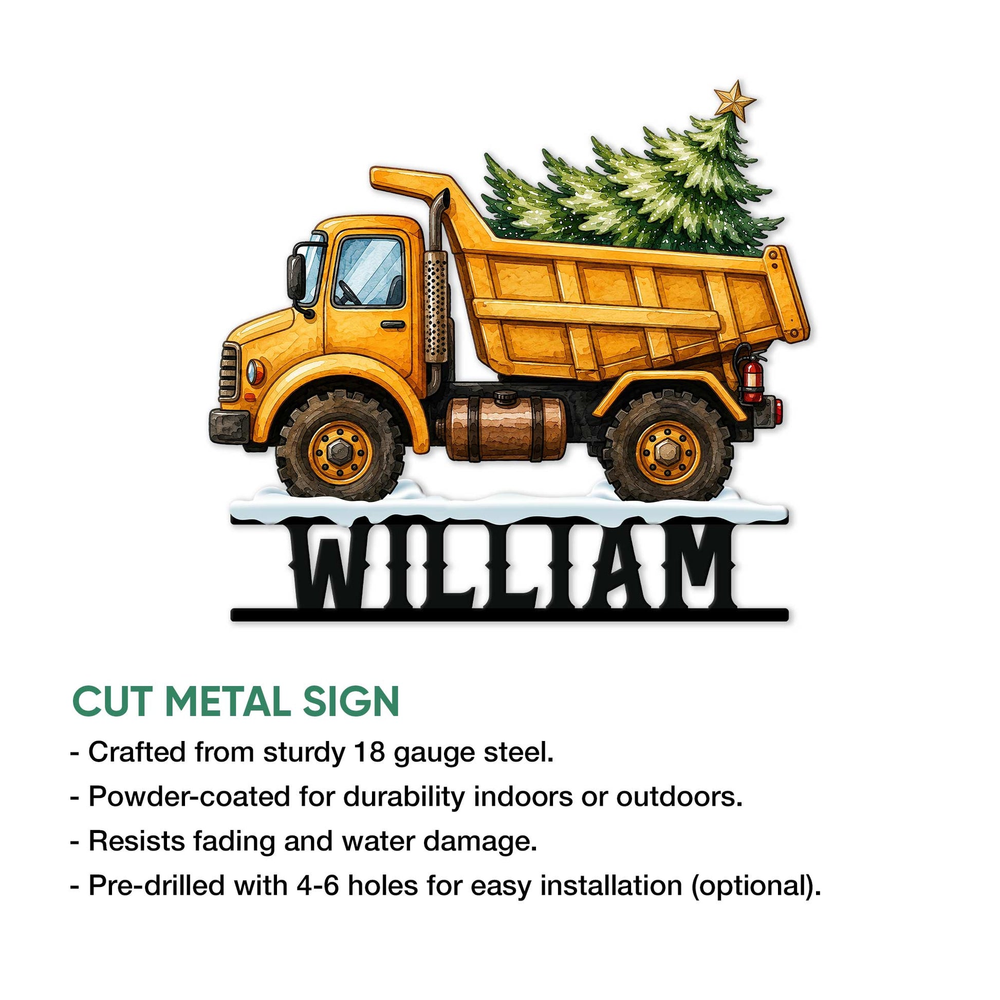Dump truck Christmas metal sign shown with product feature information and indoor or outdoor decor notes