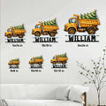 Dump truck Christmas metal sign displayed in a living room with multiple size options shown