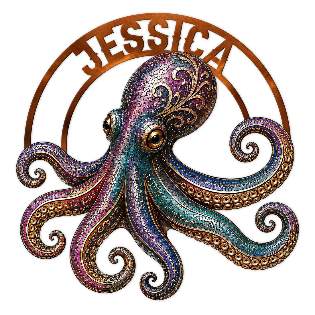 Colorful octopus metal sign with ornate mosaic-style tentacles and a decorative circular frame