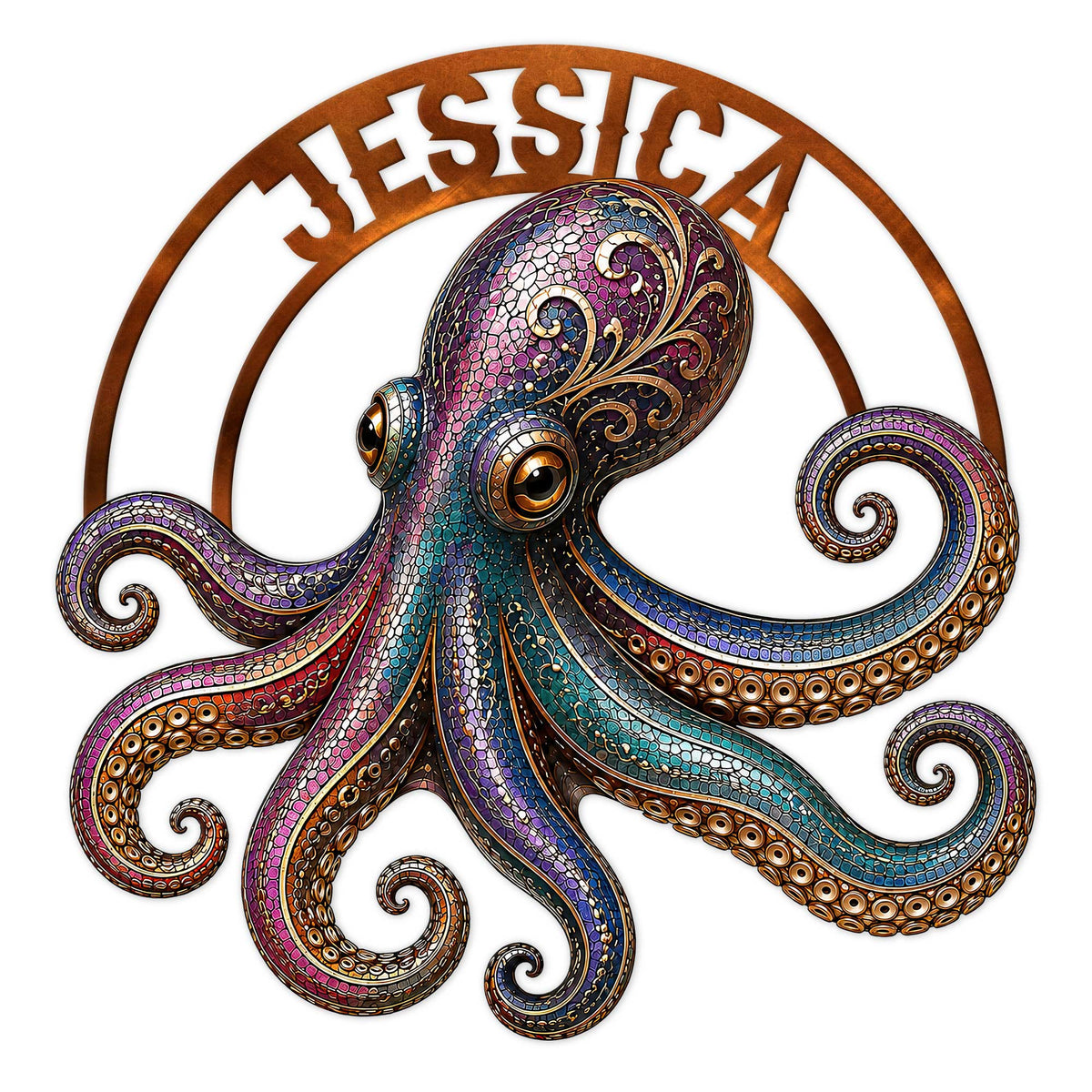 Colorful octopus metal sign with ornate mosaic-style tentacles and a decorative circular frame