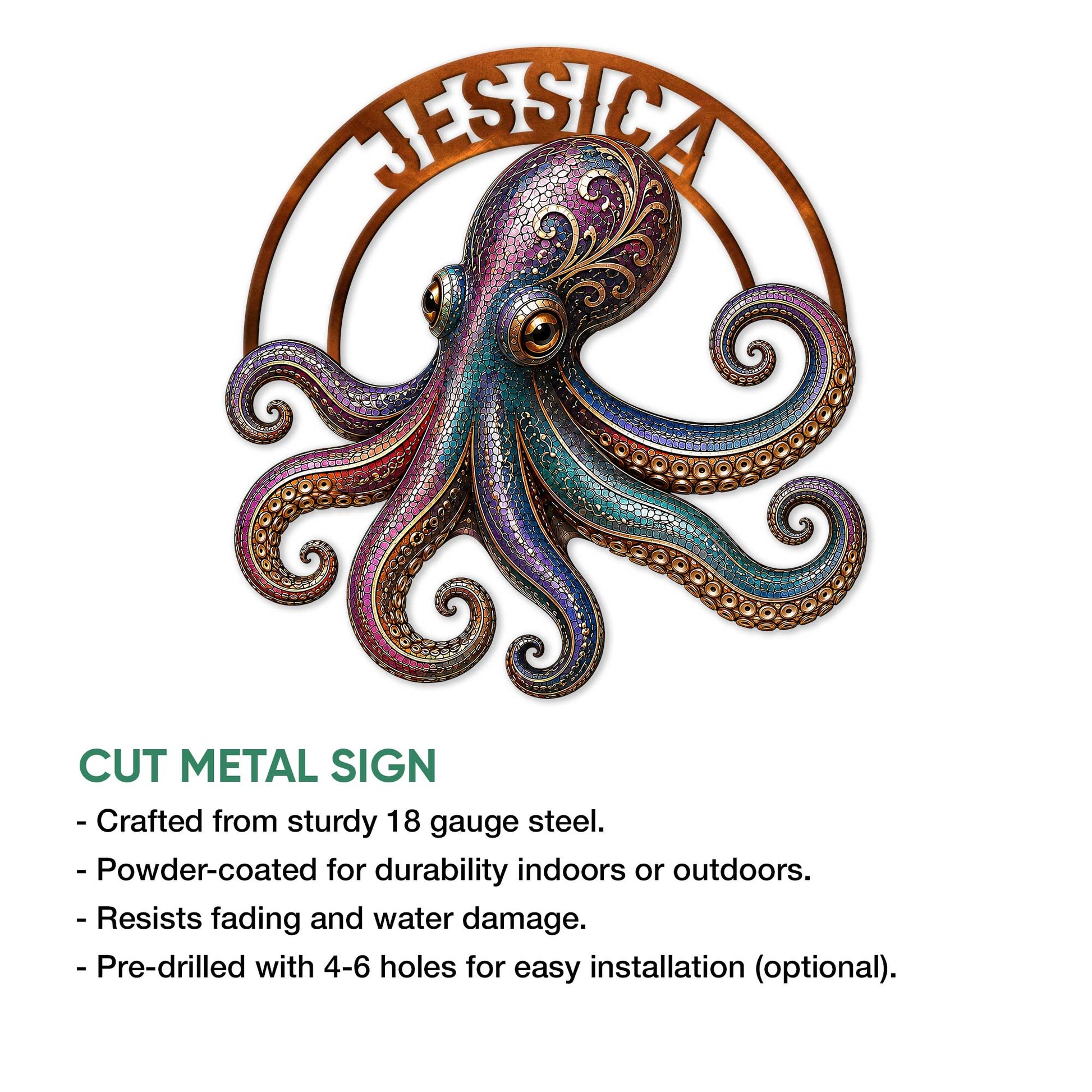 Decorative octopus cut metal sign featuring vibrant tentacles and intricate jewel-toned artwork