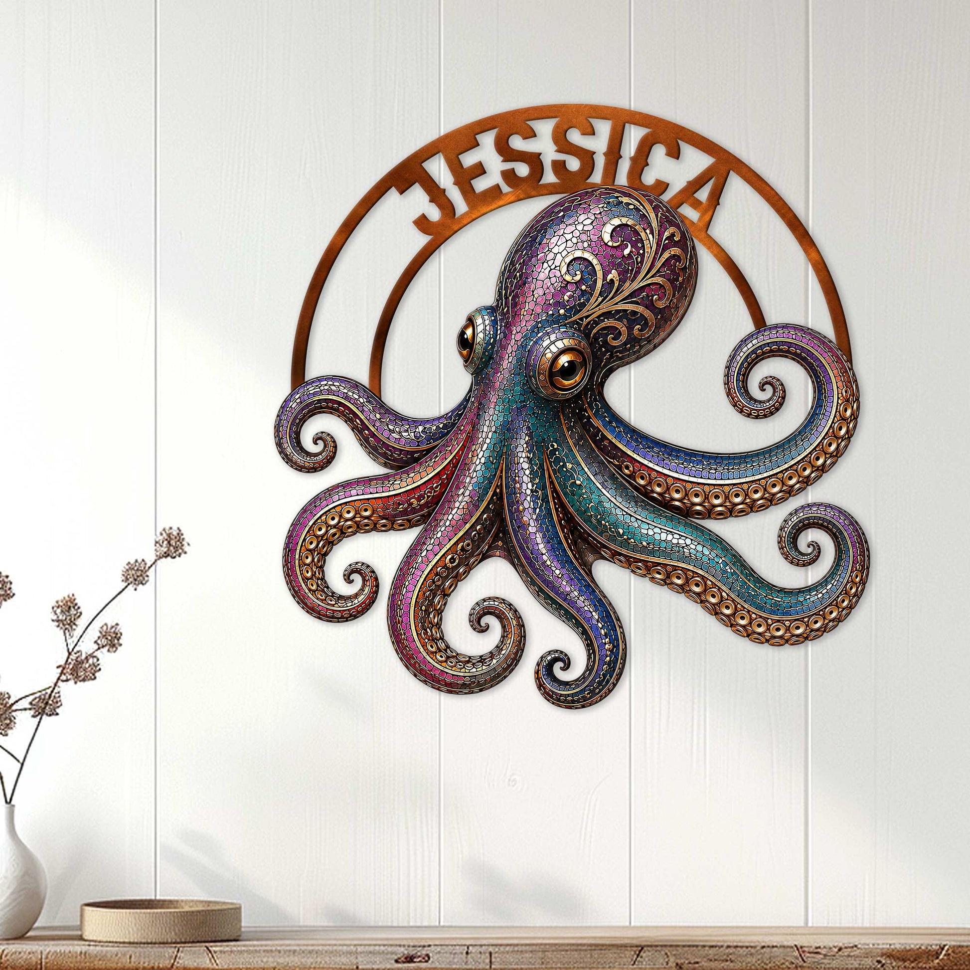 Colorful octopus wall sign displayed on a light paneled wall in a modern living space
