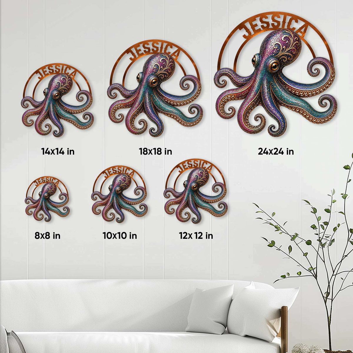 Octopus metal sign size guide showing available square sizes from 8 by 8 to 24 by 24 inches