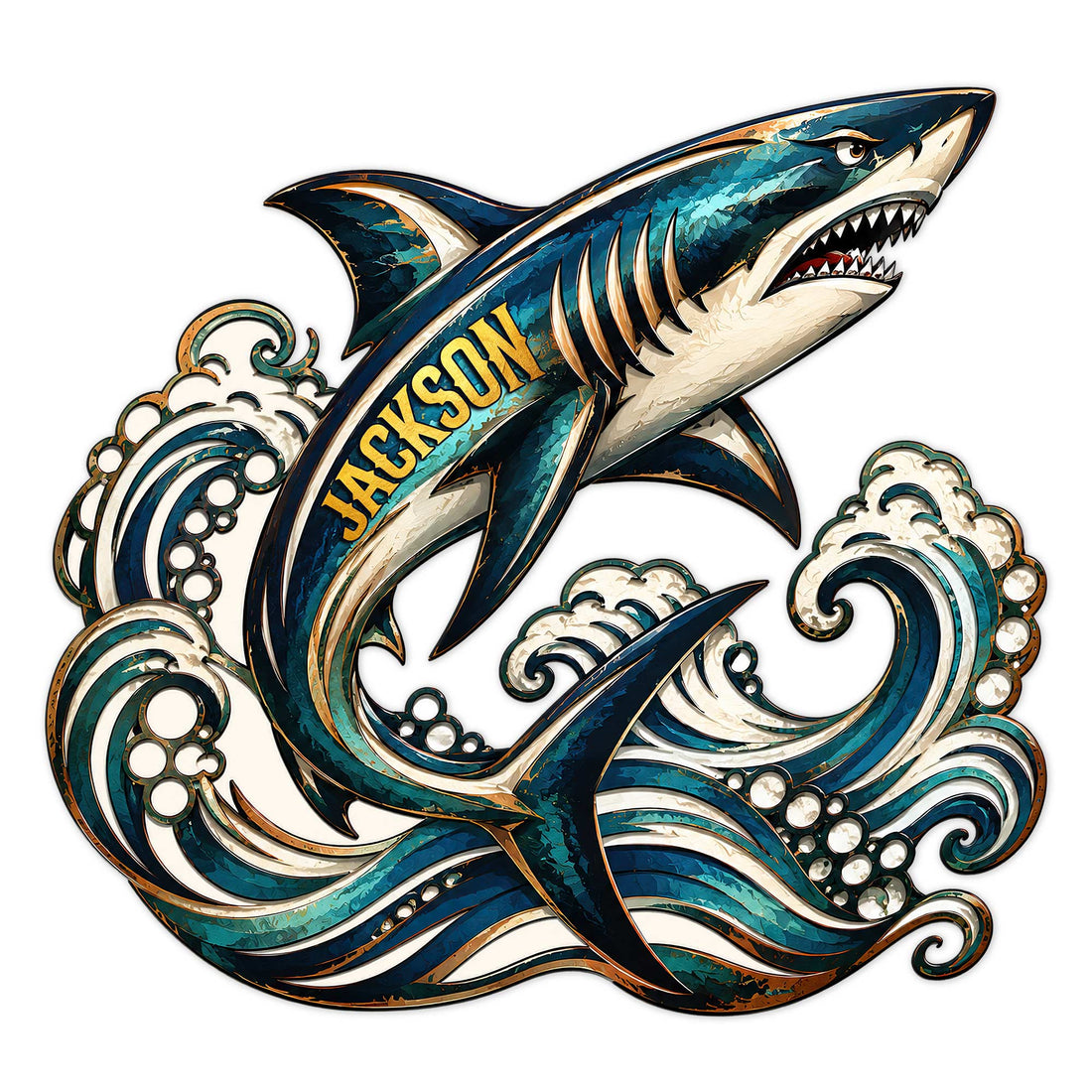 Dramatic shark metal sign artwork surrounded by curling ocean waves in teal, navy, ivory, and gold