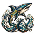 Dramatic shark metal sign artwork surrounded by curling ocean waves in teal, navy, ivory, and gold