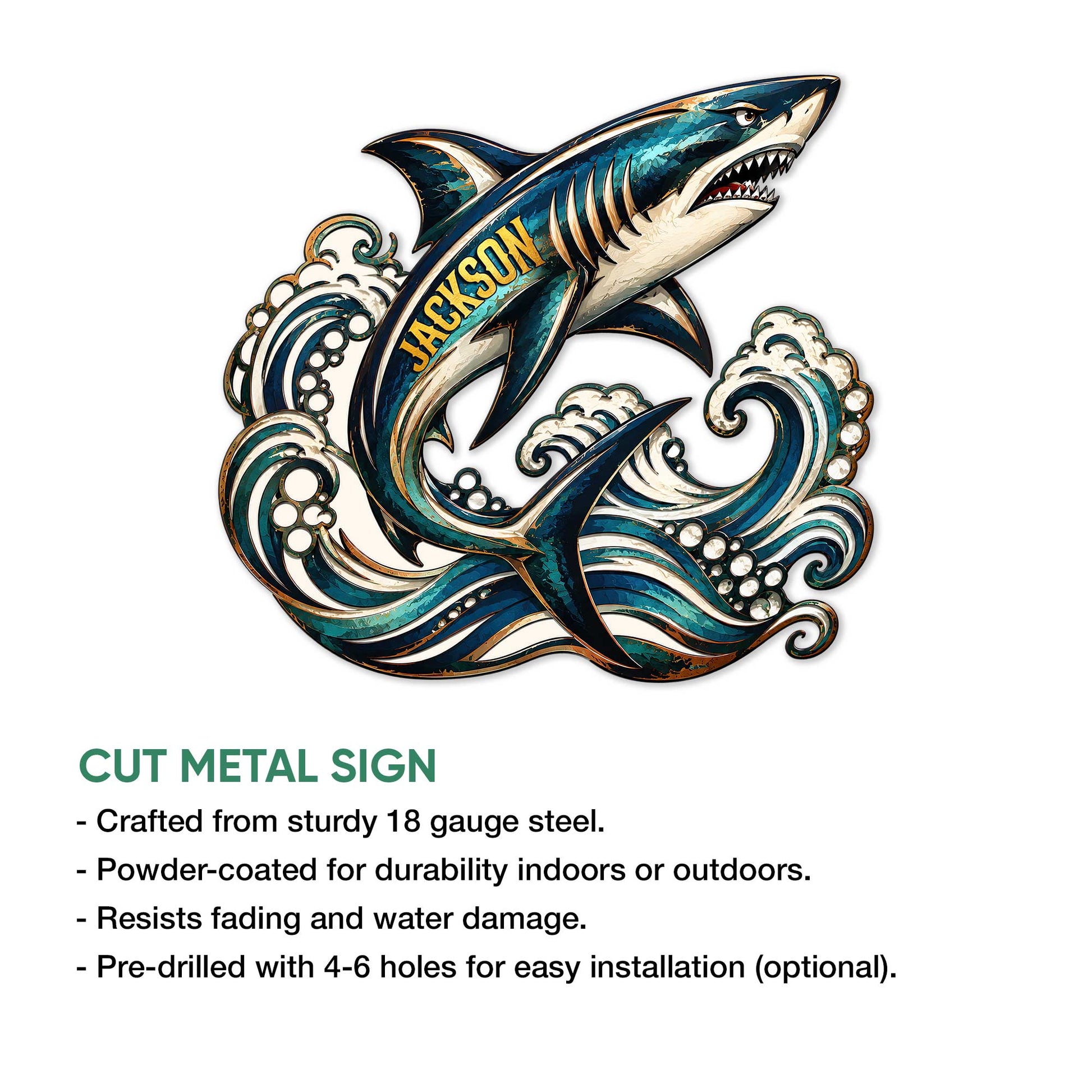 Shark cut metal sign shown above a product feature graphic describing its indoor and outdoor use