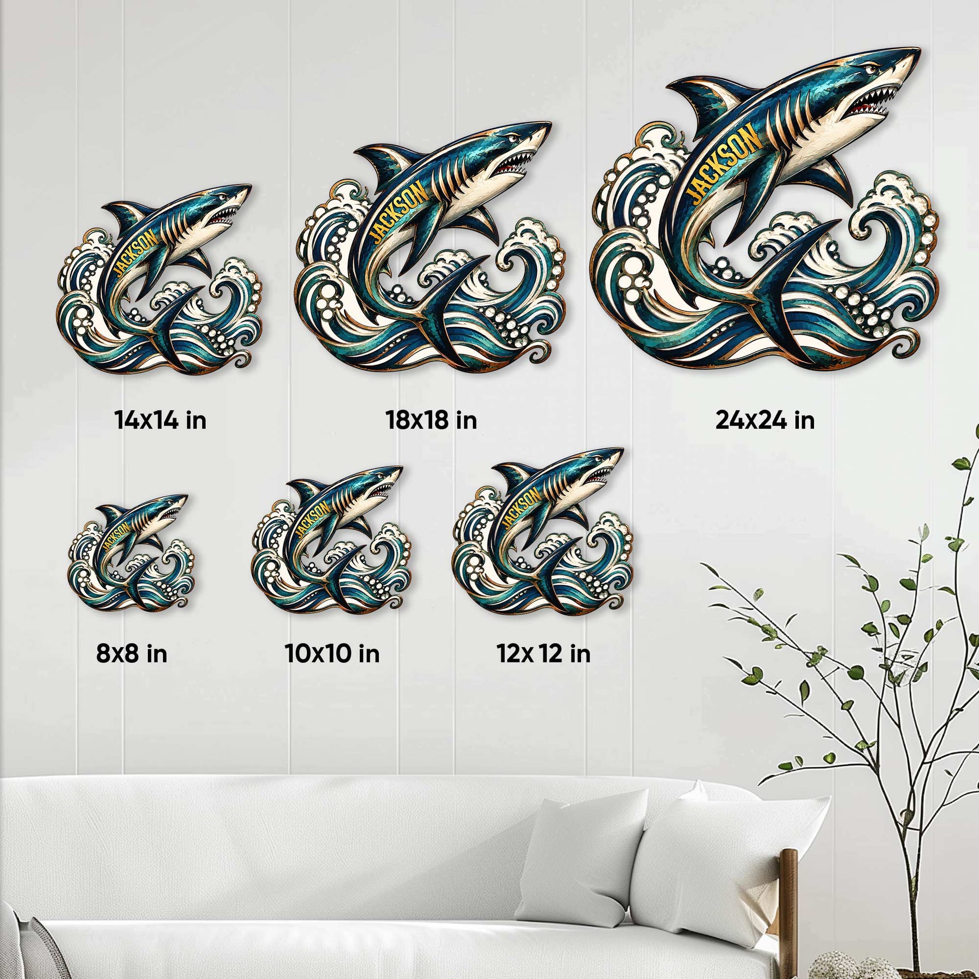 Shark metal sign size guide showing six square options from 8 by 8 inches to 24 by 24 inches