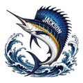 Colorful sailfish metal sign artwork leaping through ocean waves in blue, gold, and white