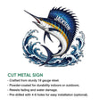Sailfish cut metal sign shown with product feature information for indoor or outdoor display
