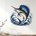 Sailfish metal wall sign displayed on white paneling above a console in coastal home decor