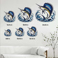 Sailfish metal sign size guide showing multiple square size options in a wall decor setting