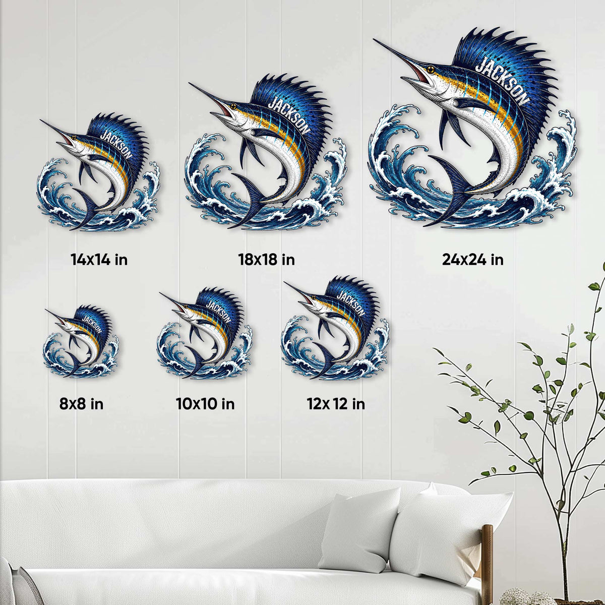 Sailfish metal sign size guide showing multiple square size options in a wall decor setting