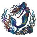 Colorful mermaid metal sign with flowing hair, seashells, coral, seaweed, and a detailed ocean-inspired design