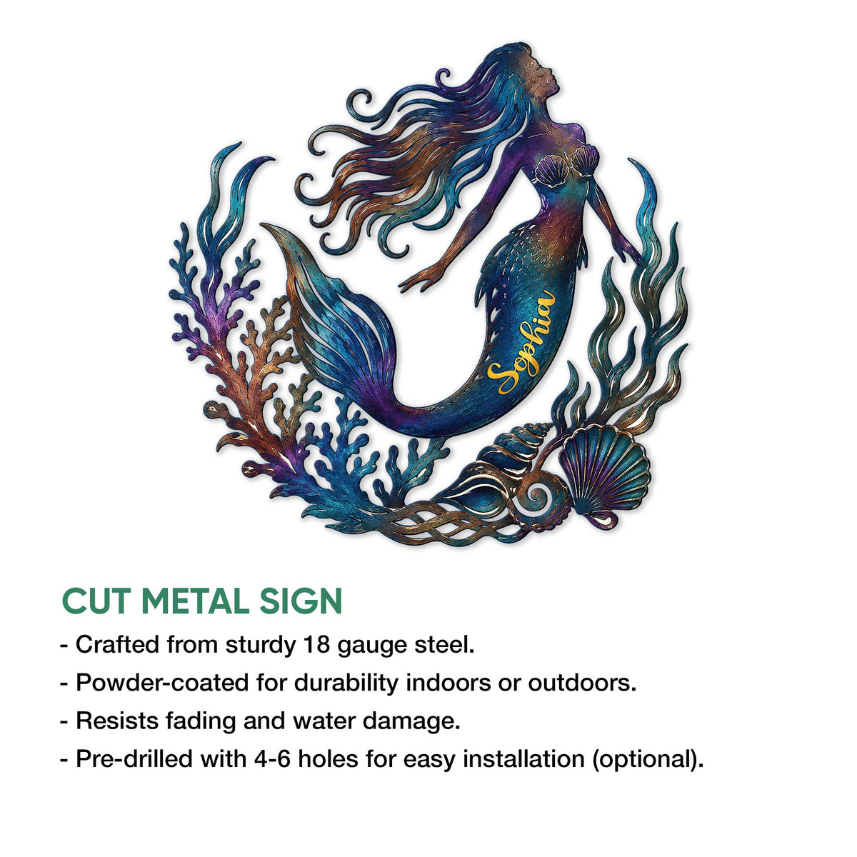 Mermaid cut metal sign shown with product feature details for indoor or outdoor display