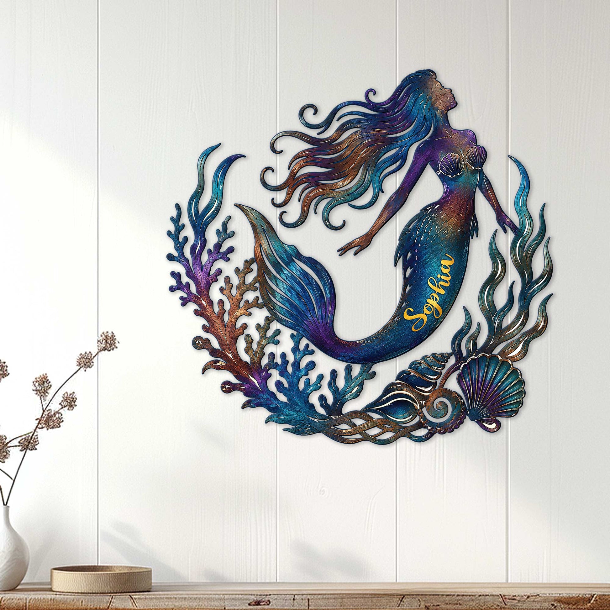 Colorful mermaid wall sign displayed on white paneling as vibrant ocean-inspired home decor
