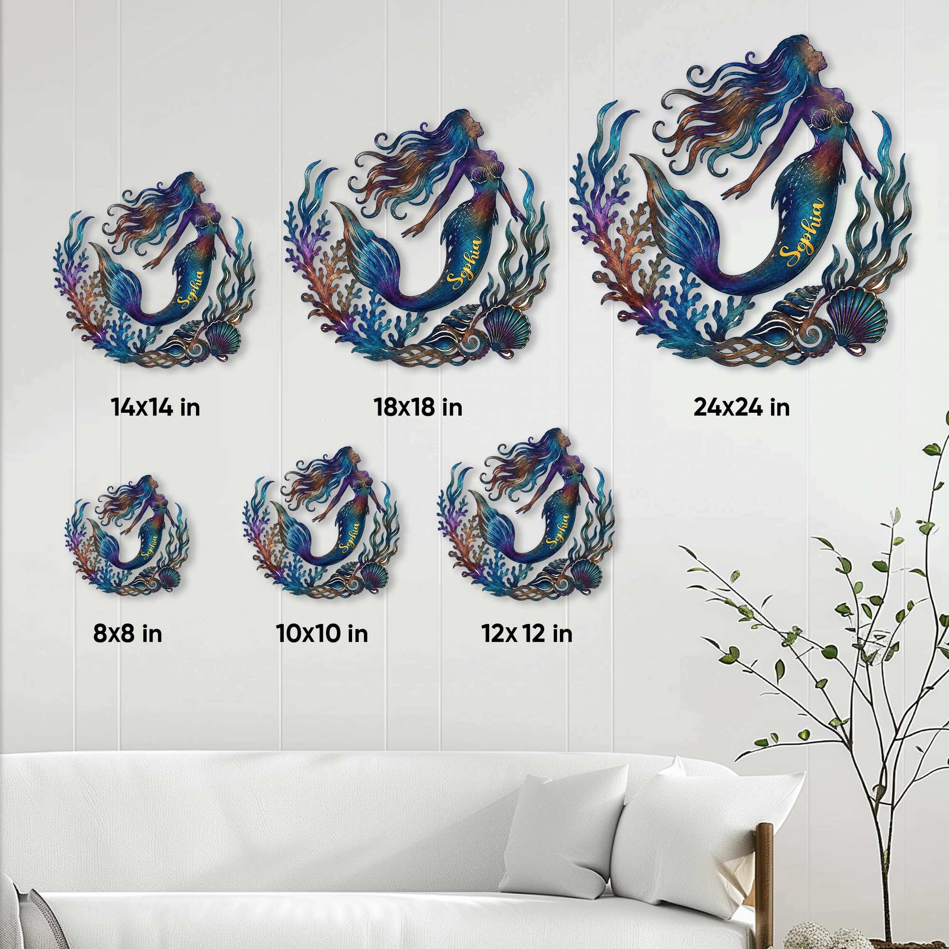 Mermaid metal sign size guide showing available square sizes from 8 by 8 to 24 by 24 inches