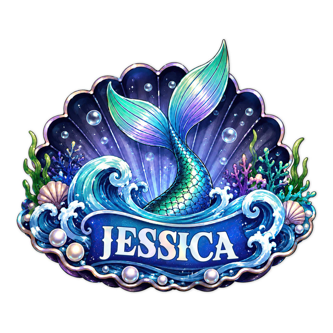 Colorful mermaid tail metal sign with ocean waves, seashells, bubbles, coral, and a scallop shell backdrop