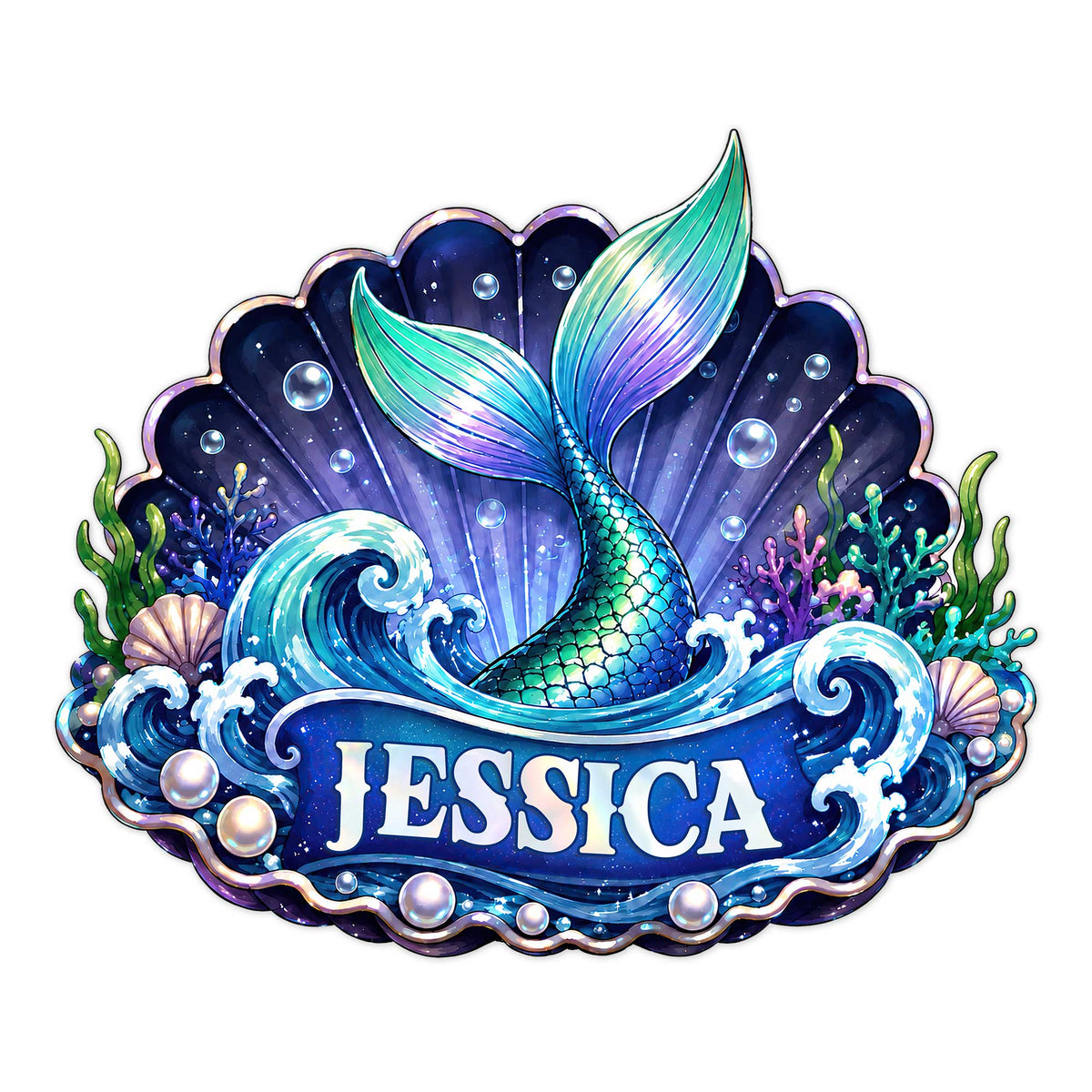 Colorful mermaid tail metal sign with ocean waves, seashells, bubbles, coral, and a scallop shell backdrop