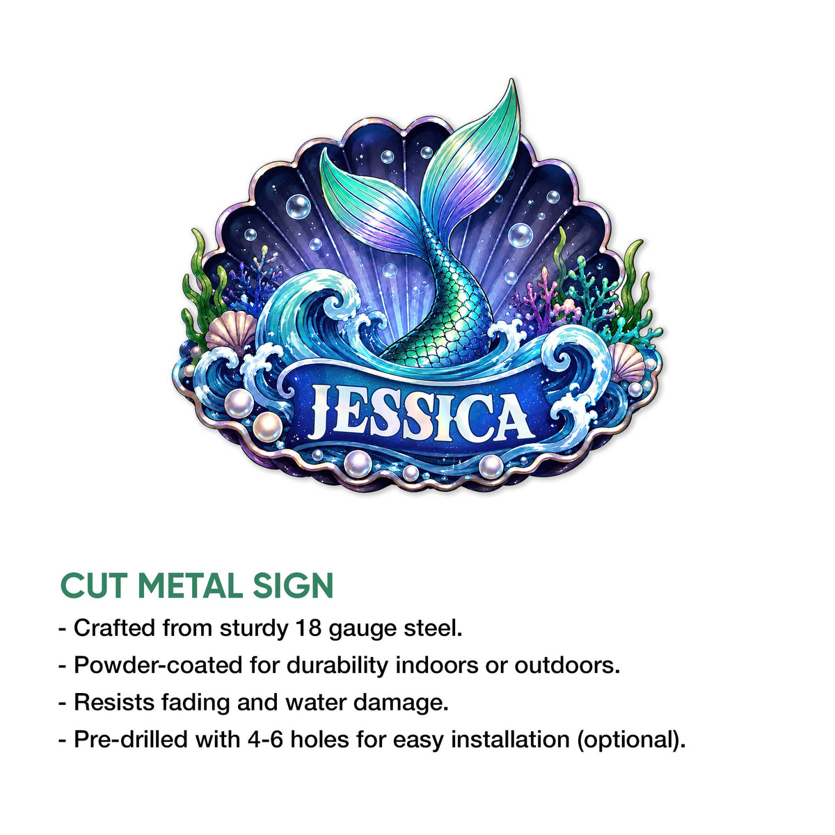 Mermaid tail metal sign shown with vibrant ocean artwork and decorative waves, coral, shells, and bubbles