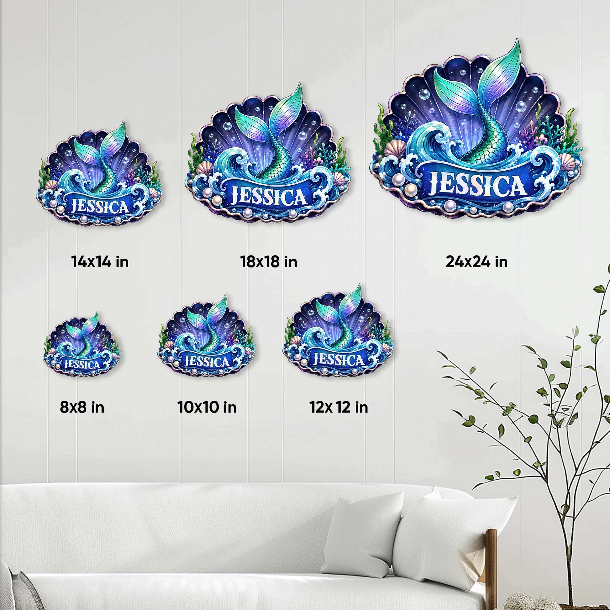 Mermaid metal sign size guide showing 8, 10, 12, 14, 18, and 24 inch square options