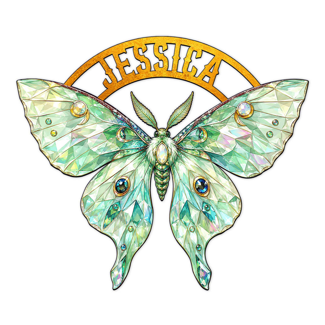 Colorful custom butterfly metal sign featuring jeweled mint-green wings and an ornate symmetrical design