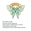 Butterfly cut metal sign with faceted green wings shown alongside a visible product feature infographic
