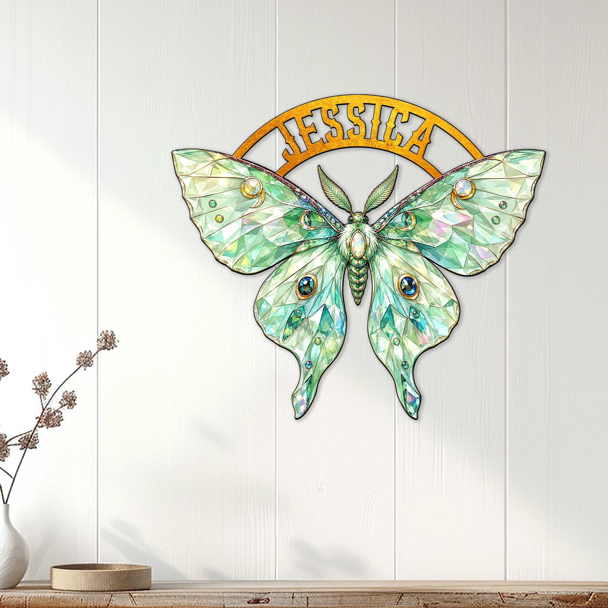 Jeweled butterfly wall decor displayed on a light wood-paneled wall in a bright, modern living space