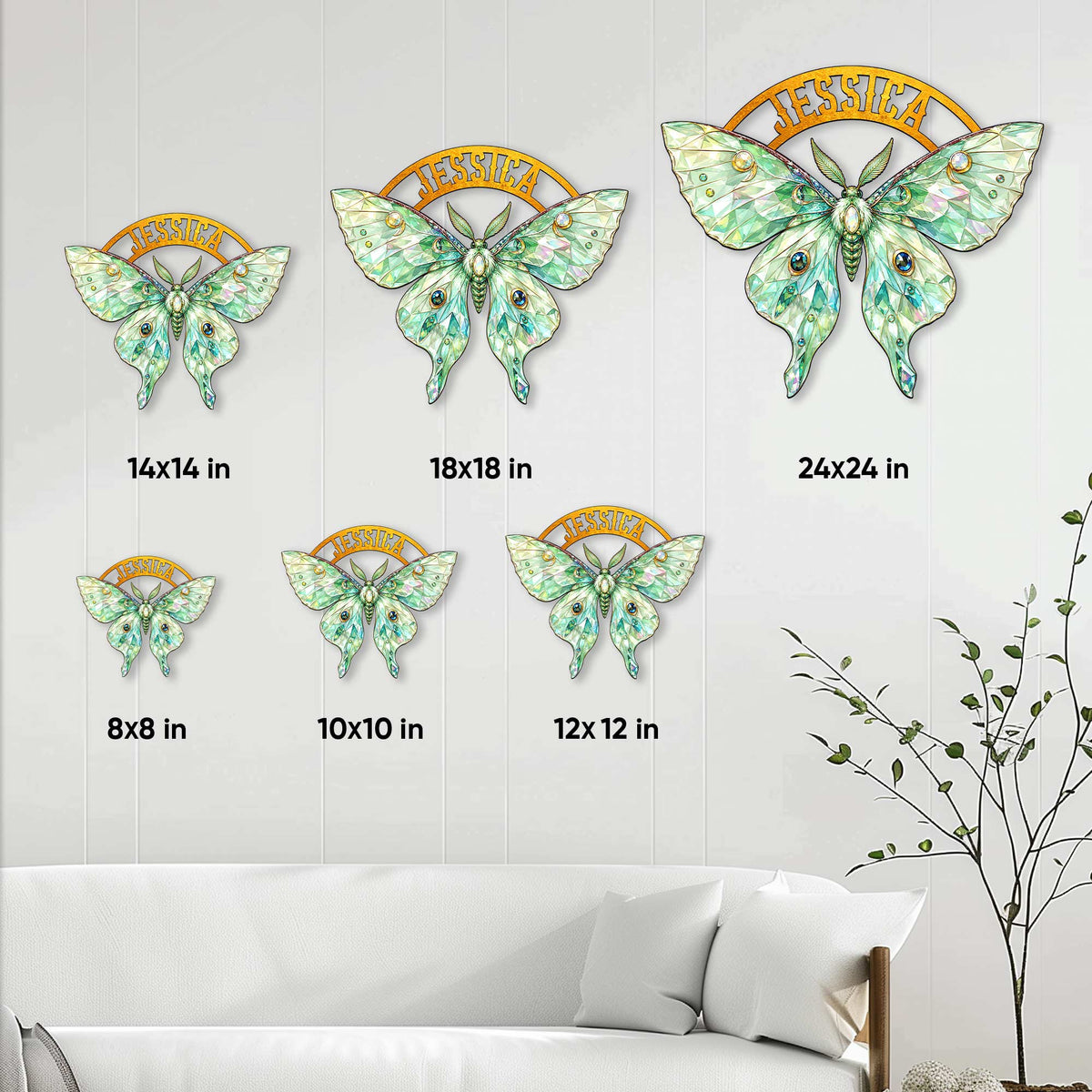 Butterfly metal wall sign shown in multiple size options, from compact 8-inch decor to a large 24-inch display