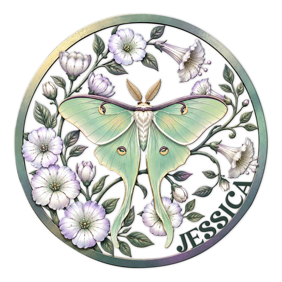Round metal sign featuring a mint green moth surrounded by delicate lavender flowers and leafy botanical details