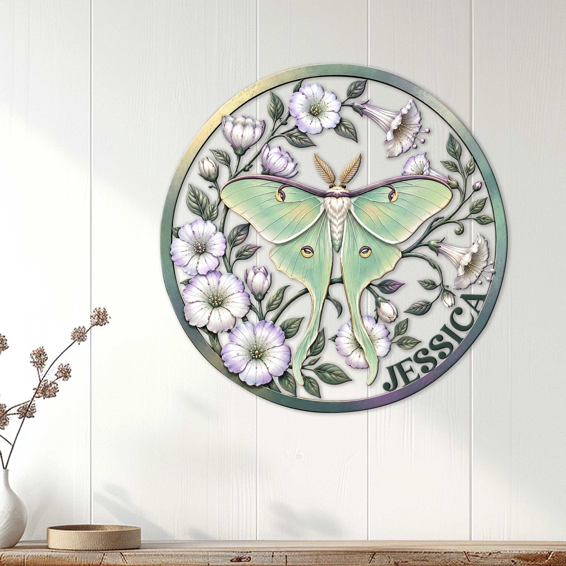 Floral moth wall sign displayed on white paneled decor, bringing soft botanical style to a living space