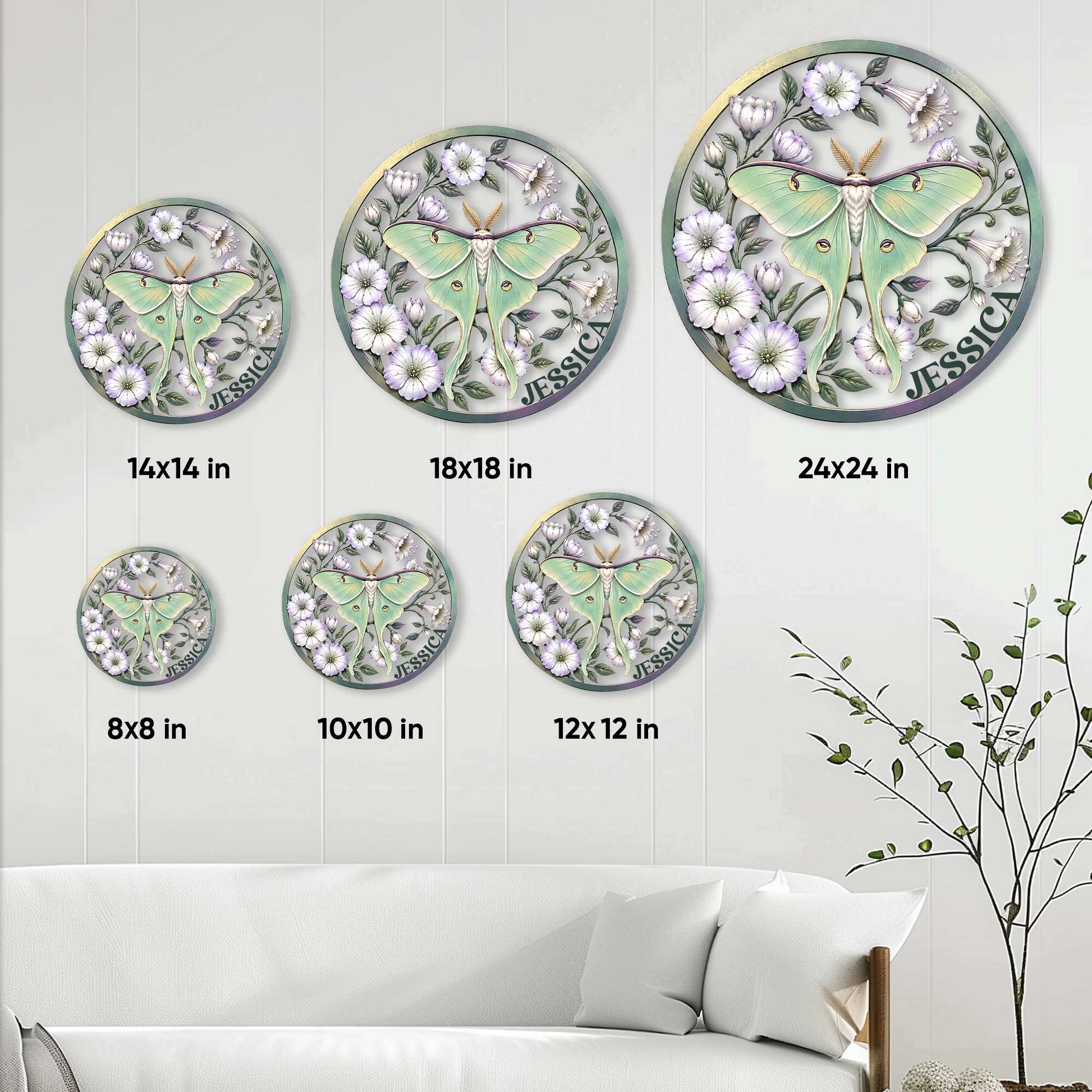 Botanical moth metal sign shown in multiple size options ranging from 8 by 8 to 24 by 24 inches