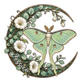 Luna moth metal sign with mint green wings, white flowers, leafy vines, and an ornate botanical border