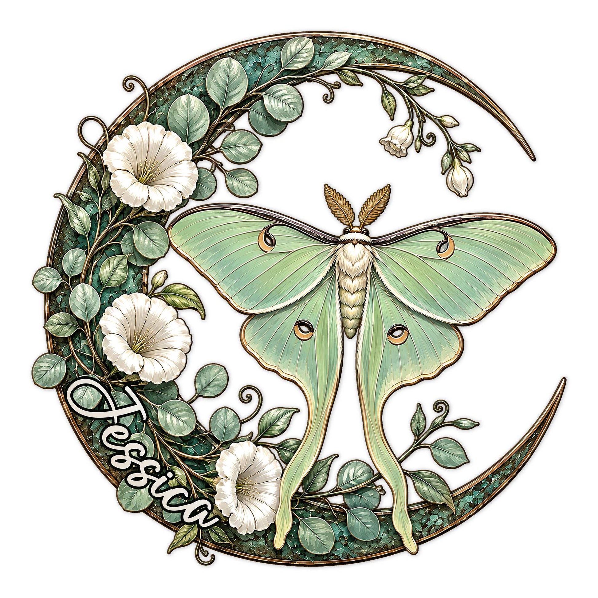 Luna moth metal sign with mint green wings, white flowers, leafy vines, and an ornate botanical border