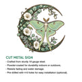 Botanical luna moth cut metal sign shown with floral vines and product feature information