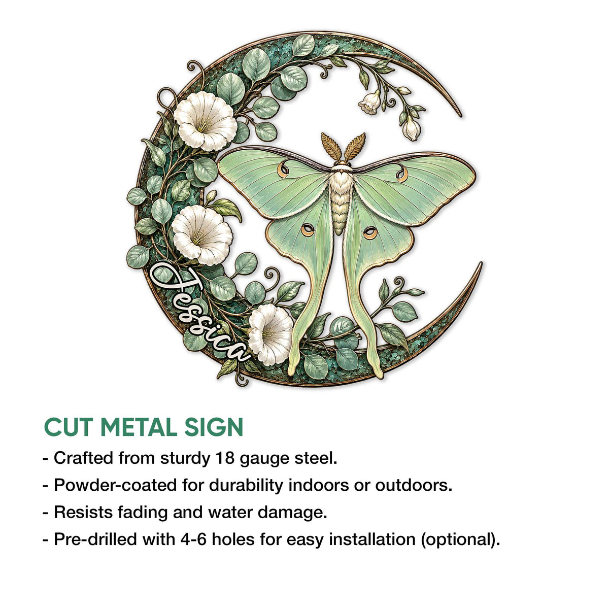 Botanical luna moth cut metal sign shown with floral vines and product feature information