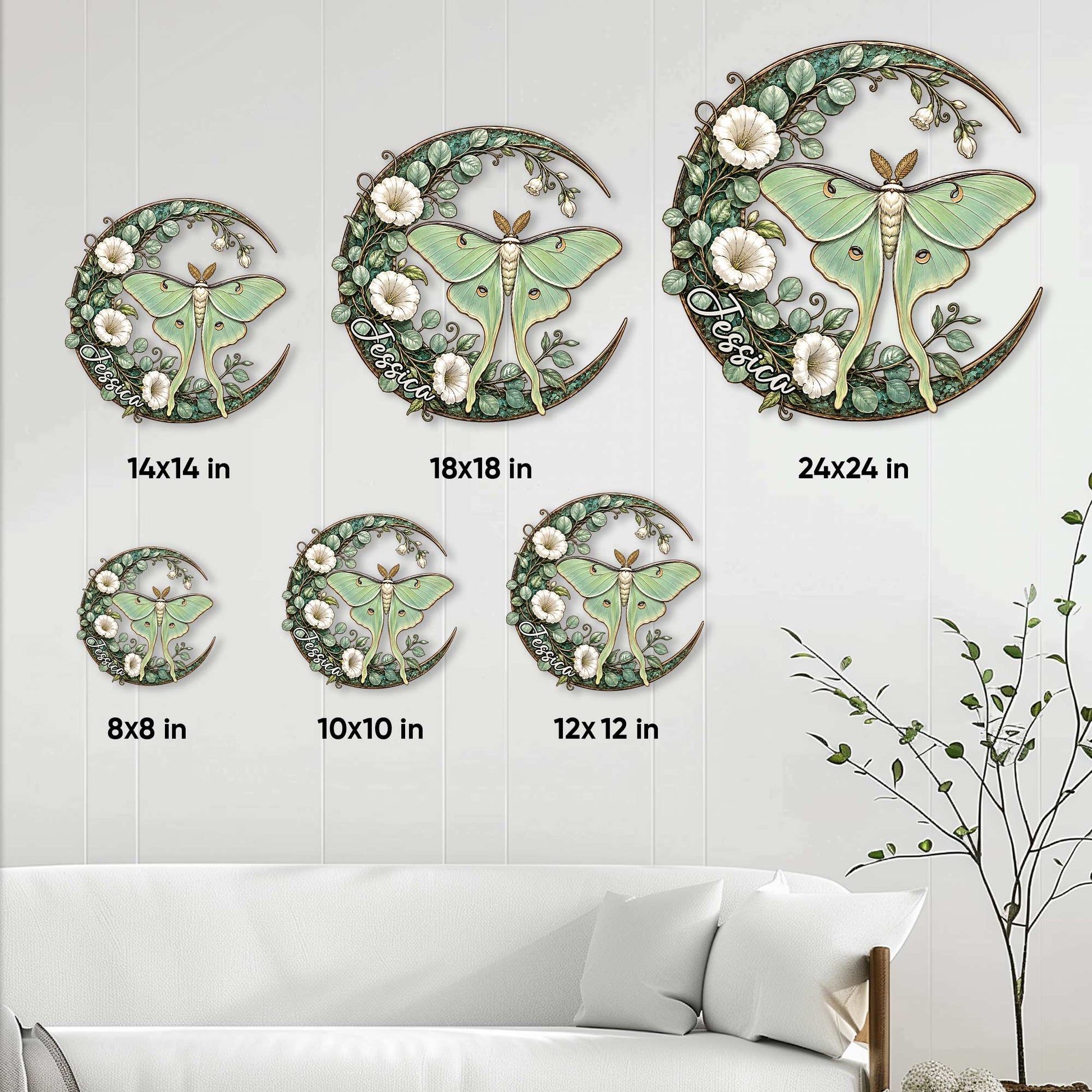 Luna moth metal sign size guide showing available square sizes from 8 by 8 to 24 by 24 inches