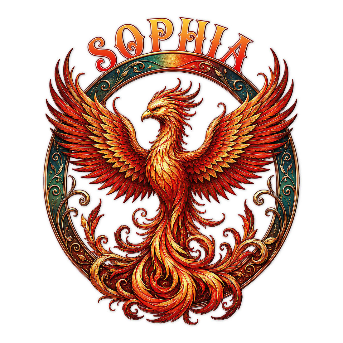 Vibrant phoenix metal sign featuring a fiery rebirth bird with wide wings inside an ornate circular frame