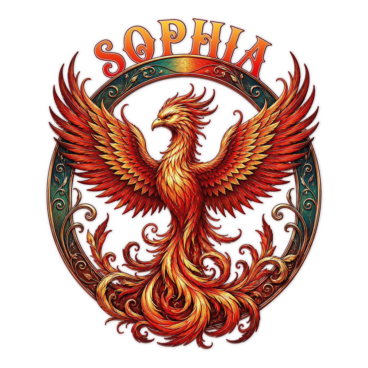Vibrant phoenix metal sign featuring a fiery rebirth bird with wide wings inside an ornate circular frame