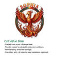 Phoenix metal sign displayed with cut-metal sign feature details and a dramatic fiery bird design