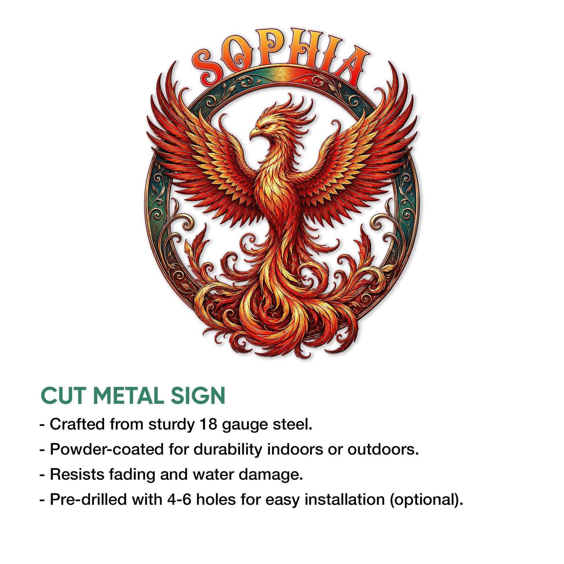 Phoenix metal sign displayed with cut-metal sign feature details and a dramatic fiery bird design