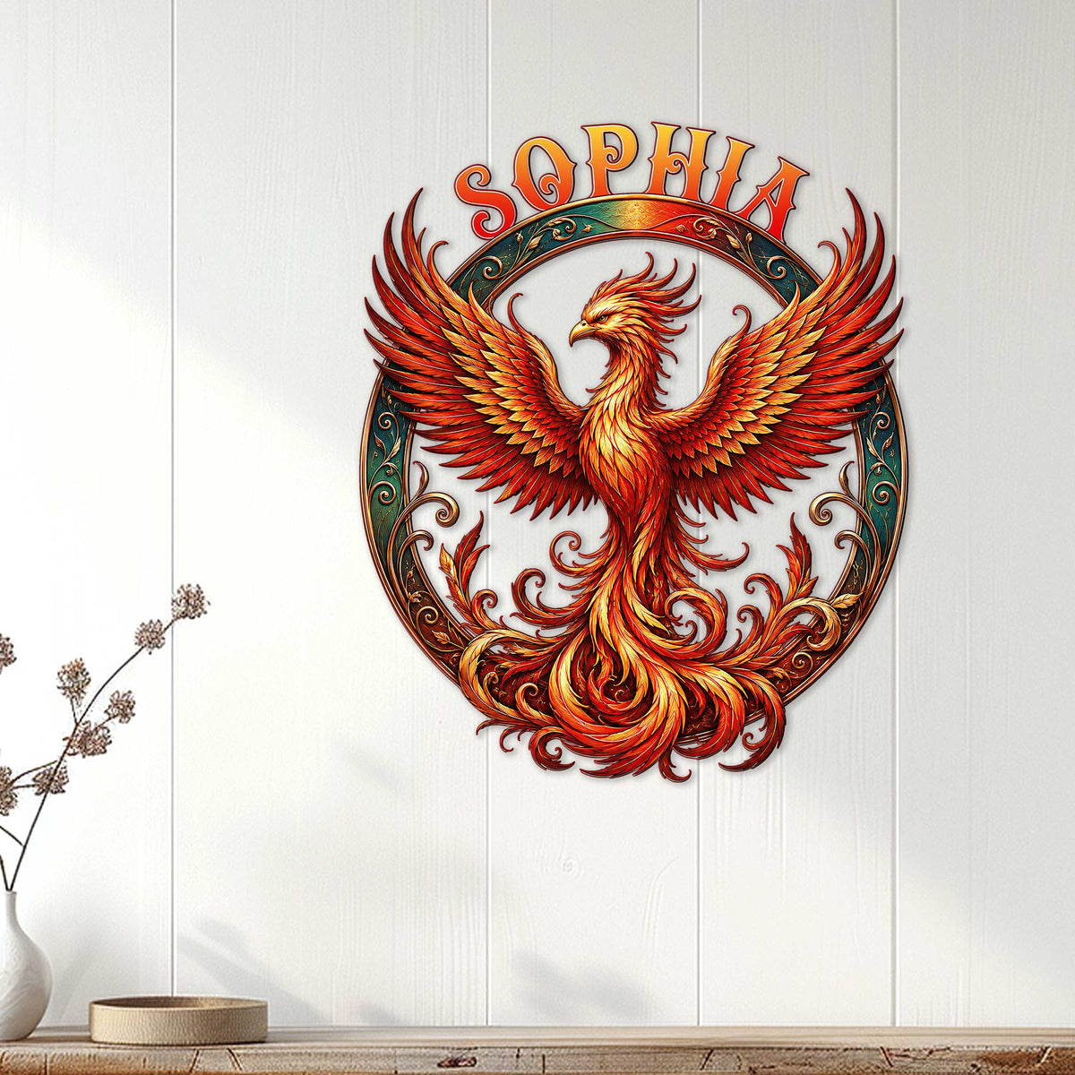 Colorful phoenix wall sign styled on a light wood-paneled wall in a bright home interior
