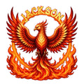 Fiery phoenix metal sign artwork with wide wings rising from vibrant orange and red flames
