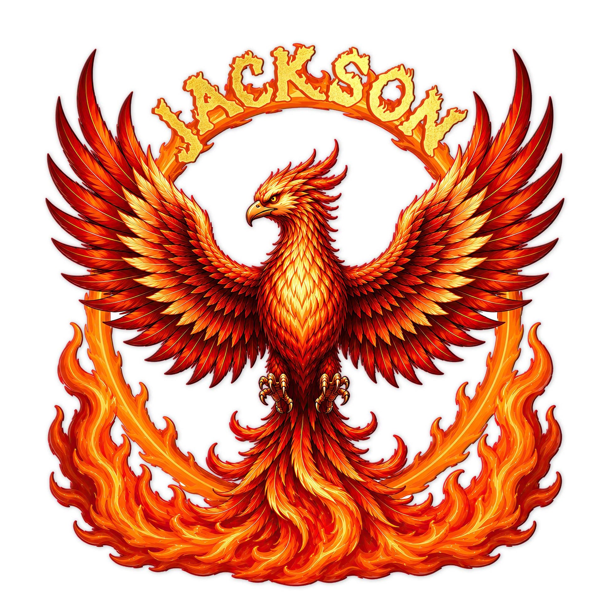 Fiery phoenix metal sign artwork with wide wings rising from vibrant orange and red flames