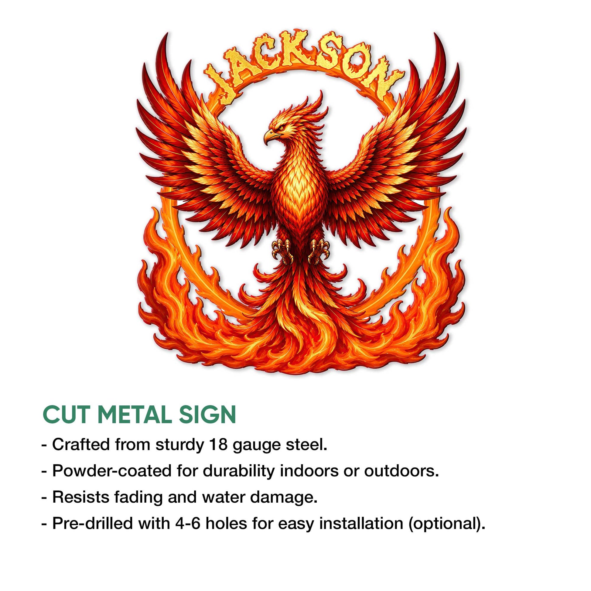 Phoenix metal sign feature graphic showing the flame-colored bird and cut metal sign details