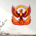 Fiery phoenix wall sign displayed on a light paneled wall as bold fantasy-inspired decor
